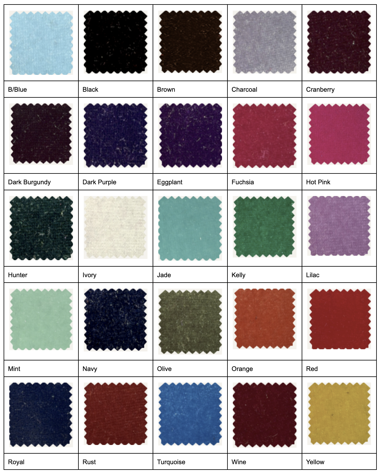 A chart displays 24 fabric swatches in various colors, each labeled, arranged in a 4x6 grid—perfect for choosing the ideal shade for your Long Prom Dress: Jessica Angel 2667.